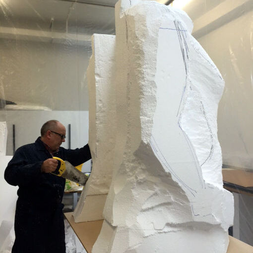 2017 sculpting from polystyrene one of two easter island heads Manchester Museum