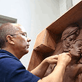 2004 Working on the clay reliefs for the restoration of Sefton obelisk Liverpool NML